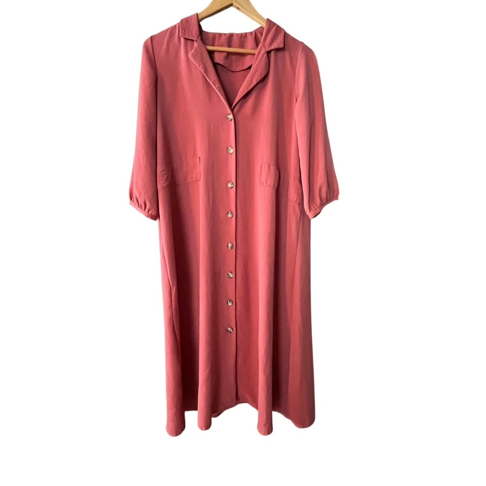 ASOS Womens Rose Pink Button Front Midi Shirt Dress Size US 4 3/4 Sleeve Pocket